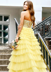 Annabelle | Yellow A Line Strapless Corset Tulle Prom Dress with Ruffles - Yellow - PromDressClub